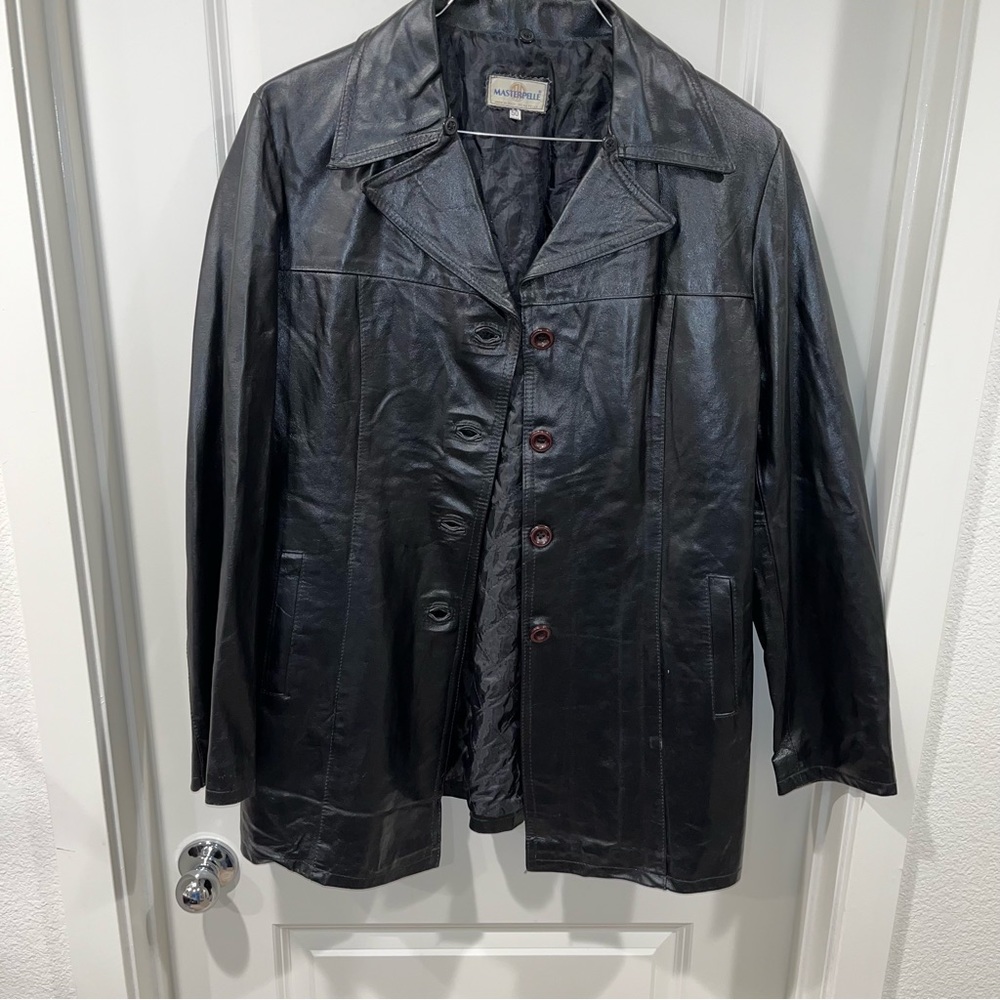 Vintage Masterpelle black leather jacket unisex size 50 button up made in Italy